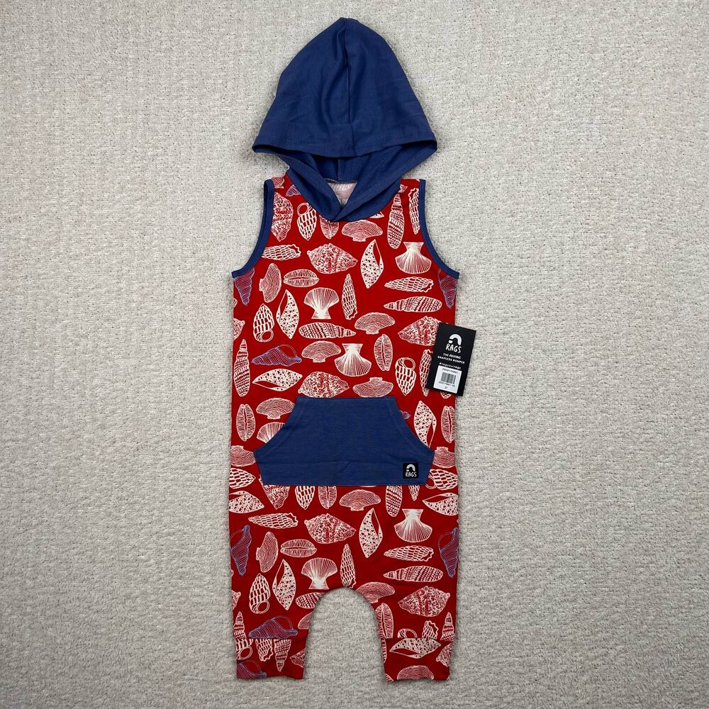 Rags to Raches Infant Romper 2T Red Seashell Blue‎ Hooded Stretch Pocket